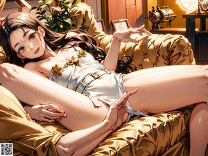 A woman laying on top of a couch next to a plant.